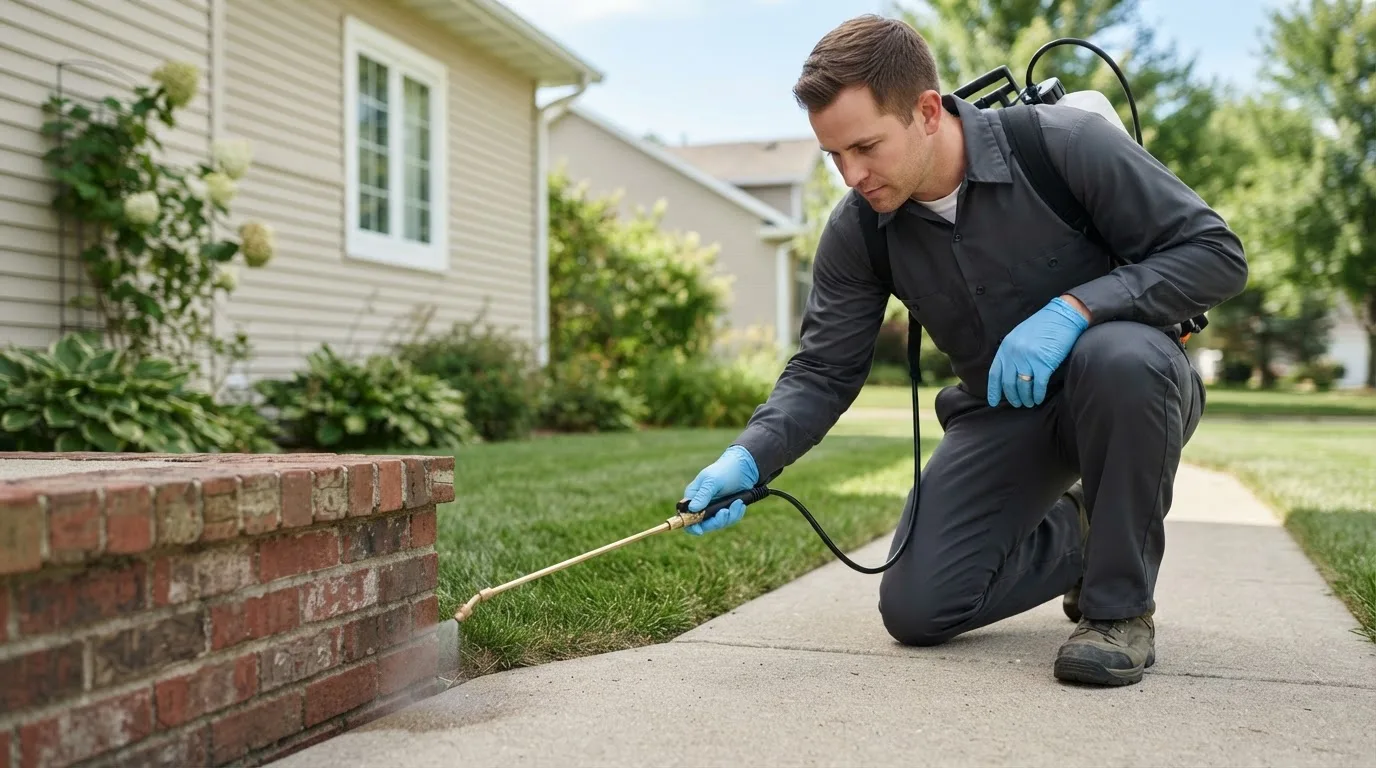 Pest control technician treating a home near Rochert, MN