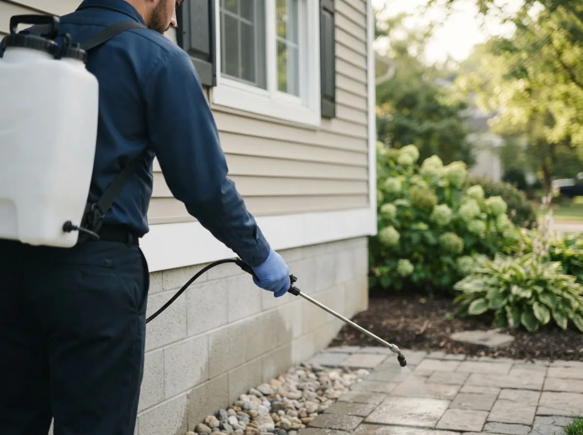 Pest control technician inspecting a home in Rochert, MN